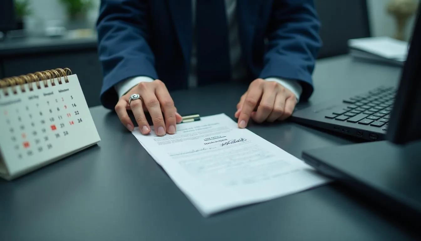 Exchange officer reviewing a signed identification notice against a closing calendar on a desk, used to show that the whole deferral turns on a date and a signature