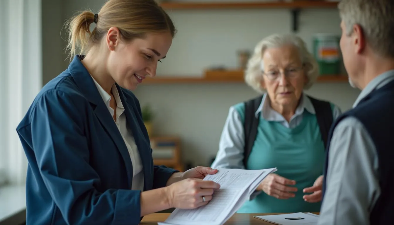 Adult day services staff member checking in a participant at a community center front desk with a daily attendance sheet, used to illustrate adult day care center operations