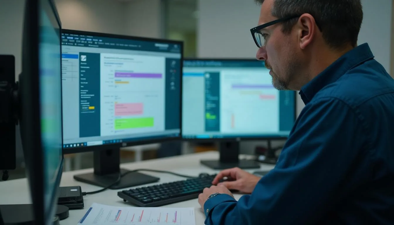 A compliance officer checking appraiser panel counts by state against federal thresholds on an office screen, used to show where AMC registration duties are actually triggered.