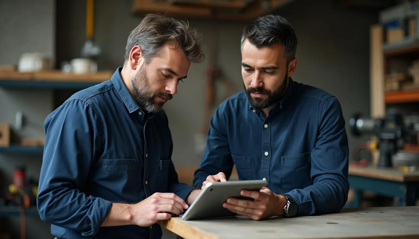 Journeyworker and apprentice at a bench in a training shop, with the apprentice logging the day's work processes on a tablet, used to show the point where on the job hours are either recorded or lost for good