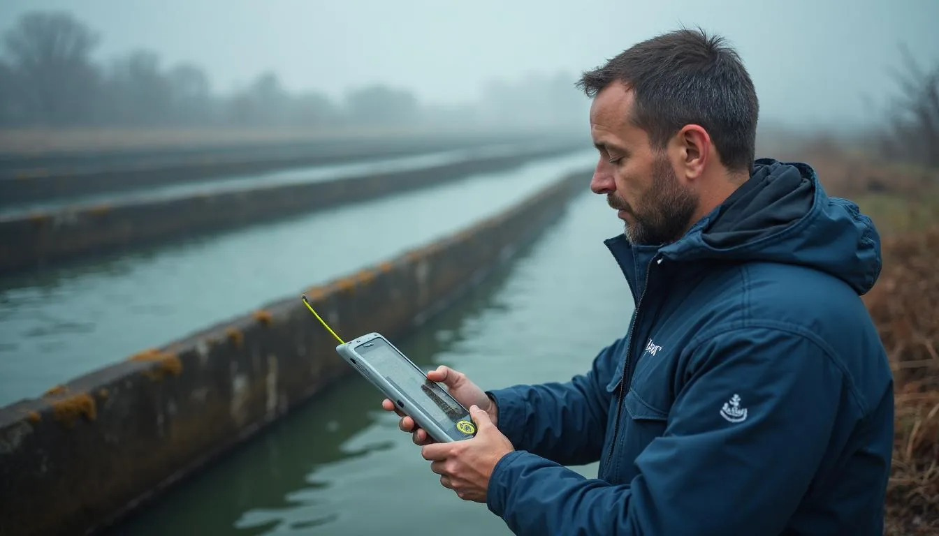 Aquaculture technician recording feed and water quality readings beside outdoor raceways at a fish farm, used to illustrate daily farm records