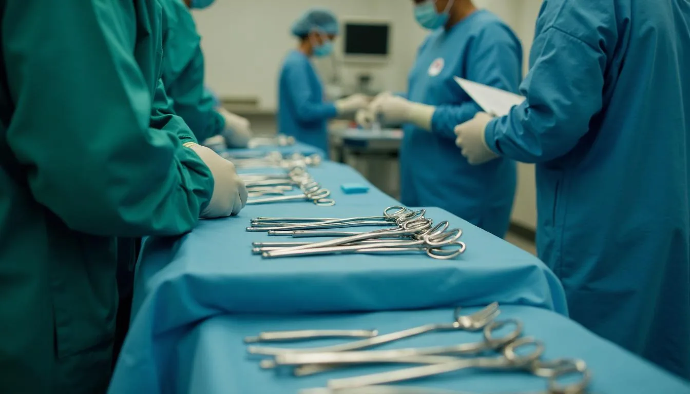 Ambulatory surgery center operating room prepared between cases with instrument trays laid out, used to illustrate same day surgery operations
