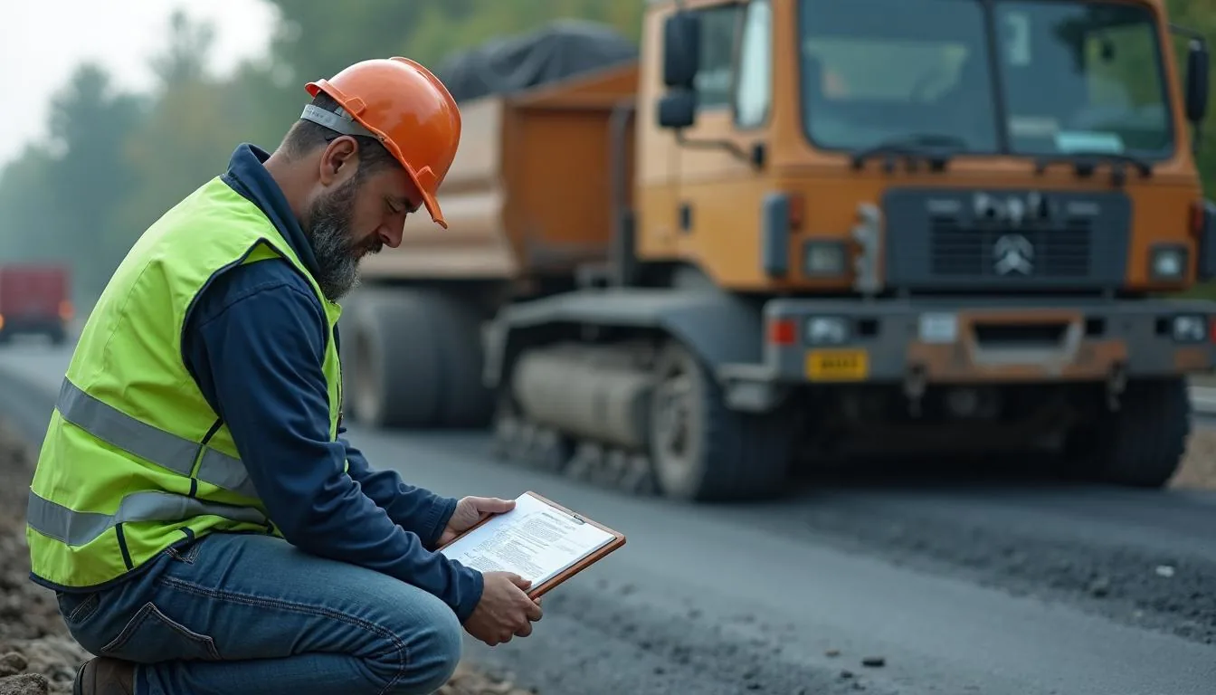 A paving superintendent recording delivery temperature and mix details beside a working paver on a resurfacing job, used to show where acceptance evidence is actually captured.