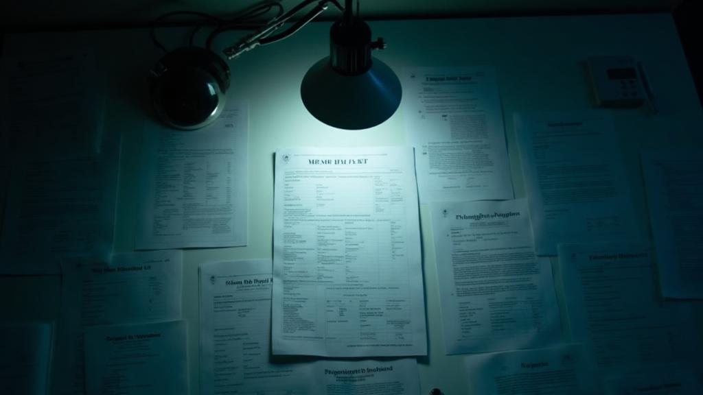 A single lit manifest document among dozens of unlit identical documents fading into shadow, representing one discoverable resource among many invisible ones