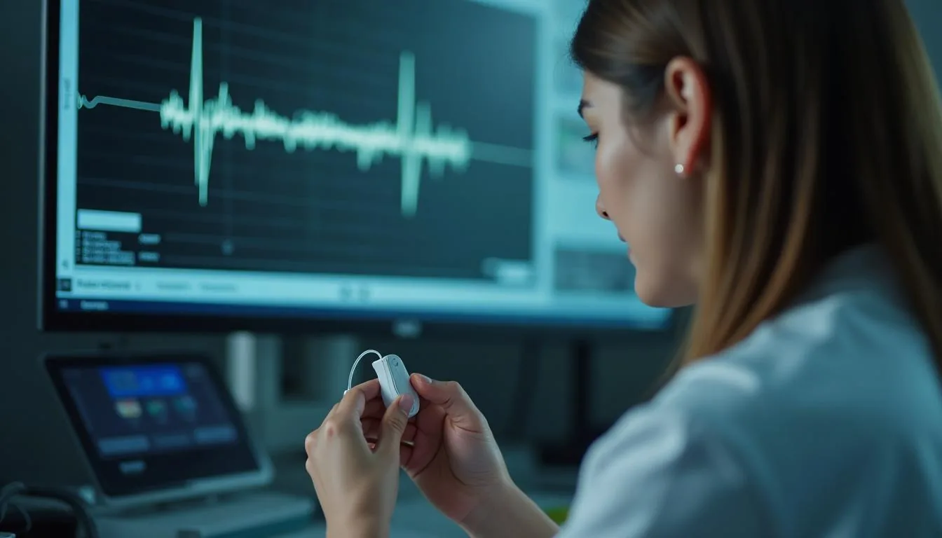 Audiologist fitting a receiver in canal hearing aid while the patient audiogram is on screen behind, used to illustrate how a fitting is tied to the test that justified it