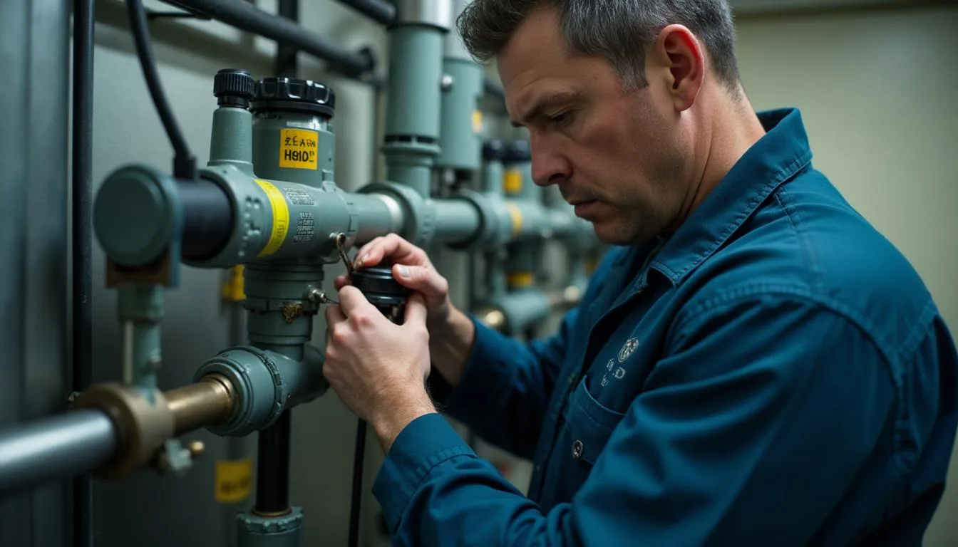 Certified backflow tester attaching a differential pressure gauge to a reduced pressure principle assembly in a mechanical room, used to illustrate backflow testing