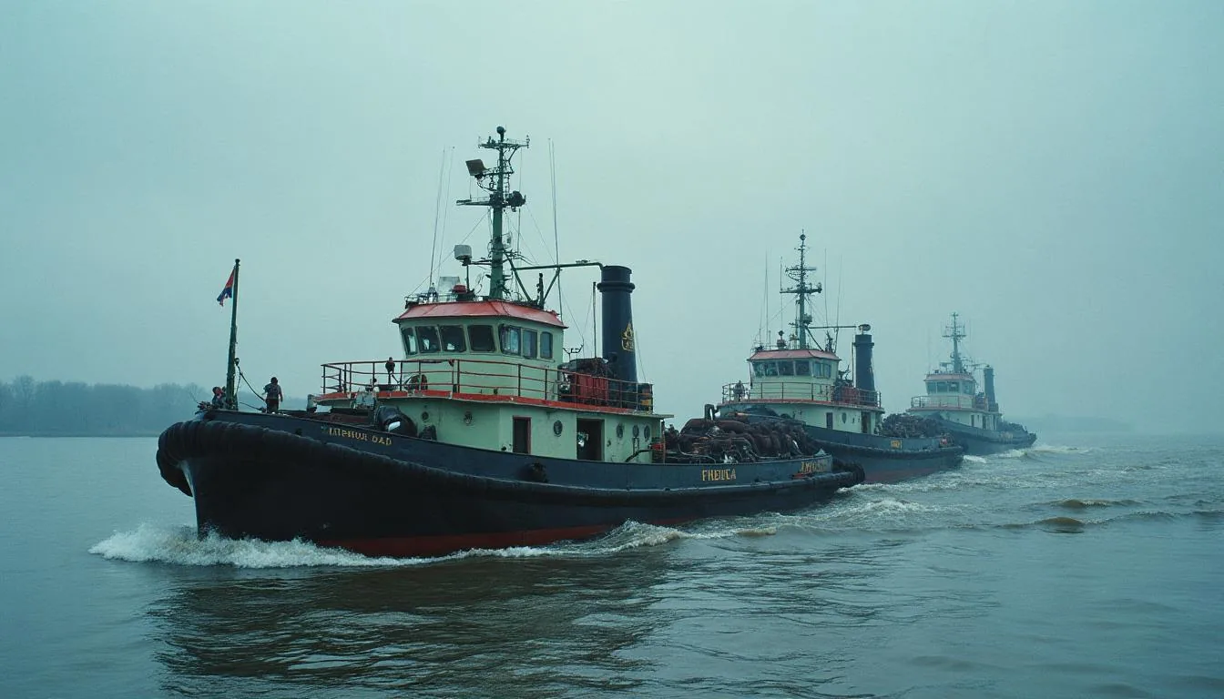 Towboat pushing a loaded tow of hopper barges on an inland river, used to illustrate inland waterway barge operations
