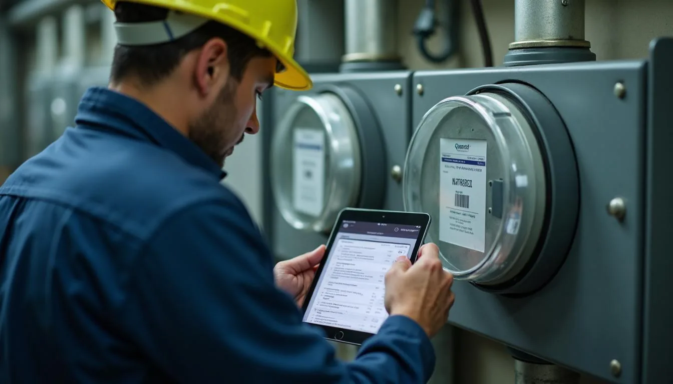 Building operations manager reading a utility meter panel in a mechanical room with a tablet open to a portfolio list, used to show where the numbers in a benchmarking report actually come from