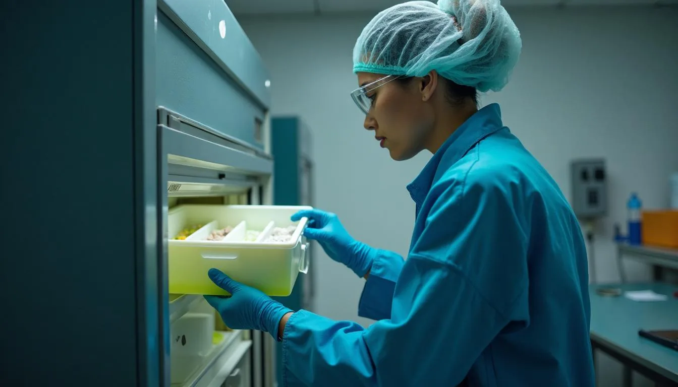 Laboratory technician retrieving a cryobox of specimen aliquots from an ultra low temperature freezer, used to illustrate biobank specimen tracking