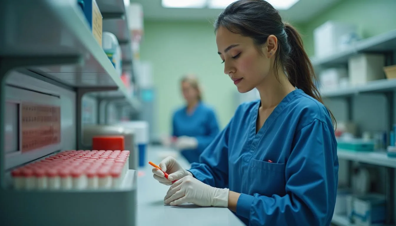 Blood bank technologist checking labelled red cell units in a monitored refrigerator