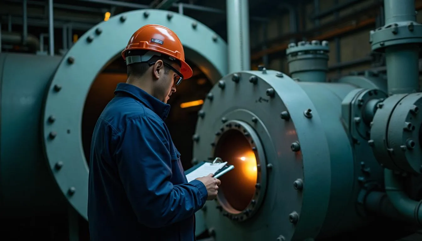 Commissioned inspector examining the firebox of a power boiler with a torch and a clipboard during an internal inspection in a plant basement, used to show the work a certificate on the wall only summarizes