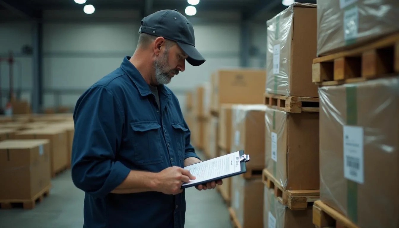 Pallets of imported goods stored under customs bond in a warehouse with entry documentation on a clipboard, used to illustrate bonded warehouse operations