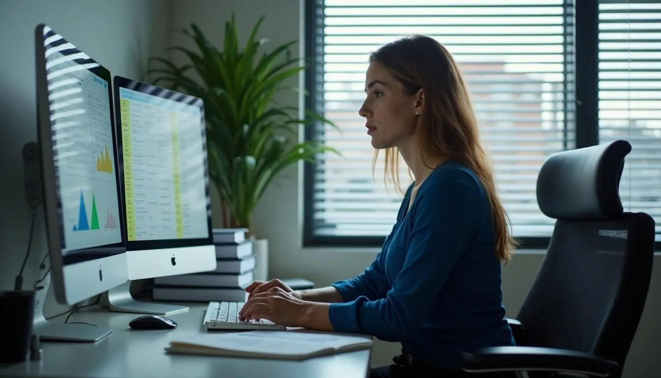 Commercial property accountant reviewing lease reconciliation spreadsheets on dual monitors, used to illustrate CAM reconciliation work