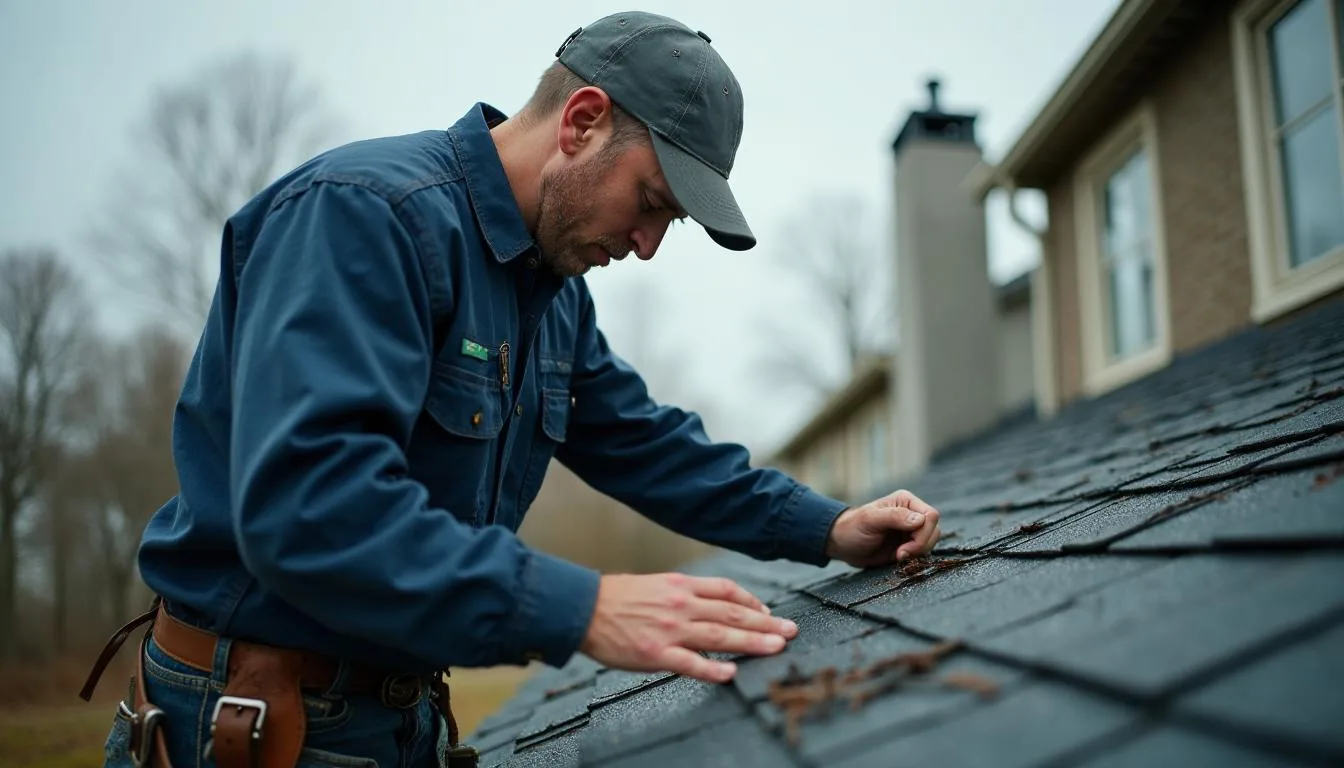 Field adjuster inspecting storm damaged roofing on a residential property after a severe weather event, used to illustrate catastrophe claims work