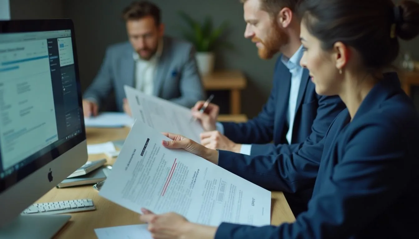 Settlement administration team reviewing class action claim forms and notice reports at a shared desk, used to illustrate claims administration