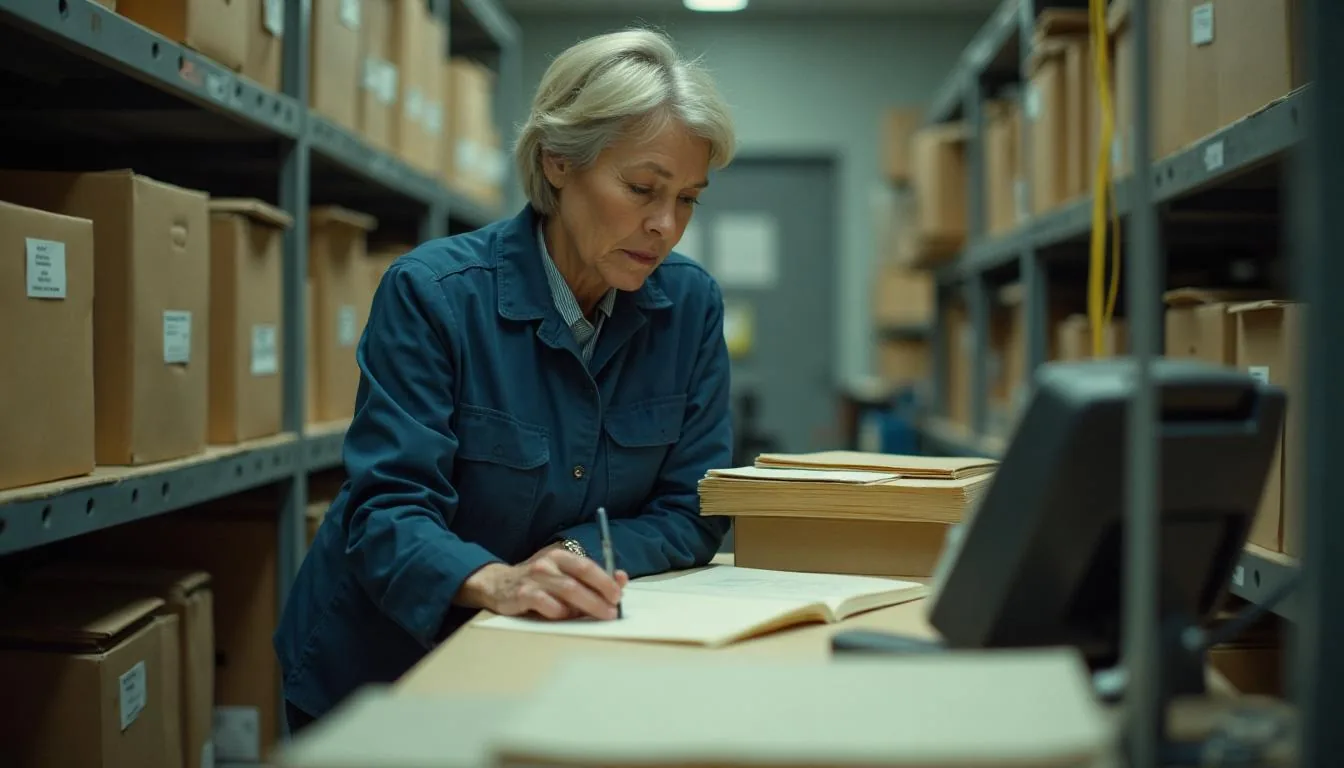 City clerk reviewing boxed municipal records against a state retention schedule in a records room