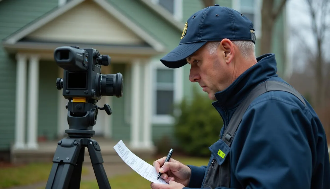 Code enforcement officer photographing a property maintenance violation and writing a notice in the field, used to illustrate code enforcement case work