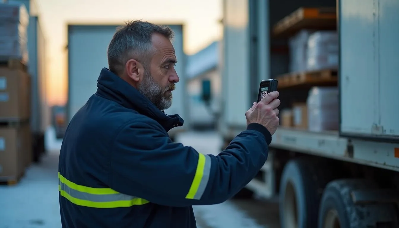 Refrigerated freight driver checking a reefer trailer temperature display at a cold storage loading dock, used to illustrate cold chain record keeping