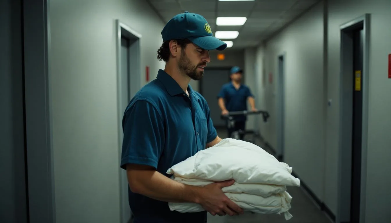 Route driver counting folded linen packs off a truck into a hotel service corridor with a handheld device, used to show the one moment in the week where the rental balance can still be made true