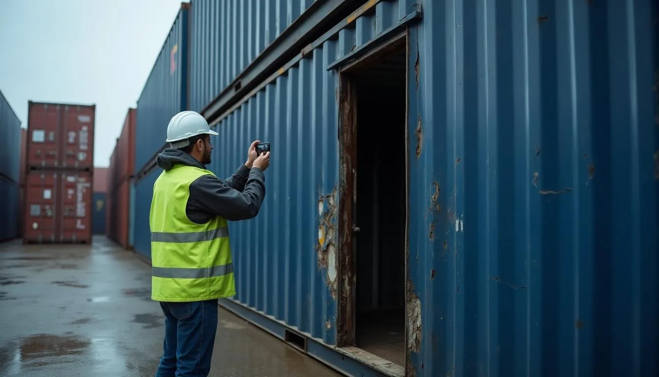 Depot surveyor photographing damage to the door end of an empty marine container in a stacked yard, used to show where a condition grade and a repair estimate actually begin