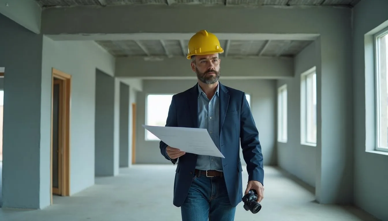 Engineer walking a partly finished commercial building with drawings and a camera, recording the fixtures and finishes that a cost segregation study will later have to price and defend from a document