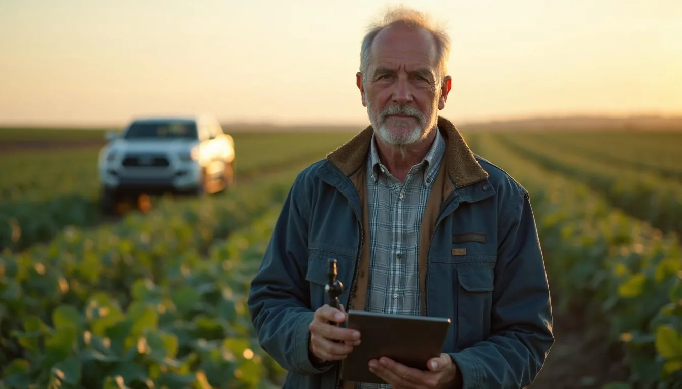 Crop insurance loss adjuster measuring storm damage in a soybean field with a rugged tablet, used to illustrate field loss appraisal