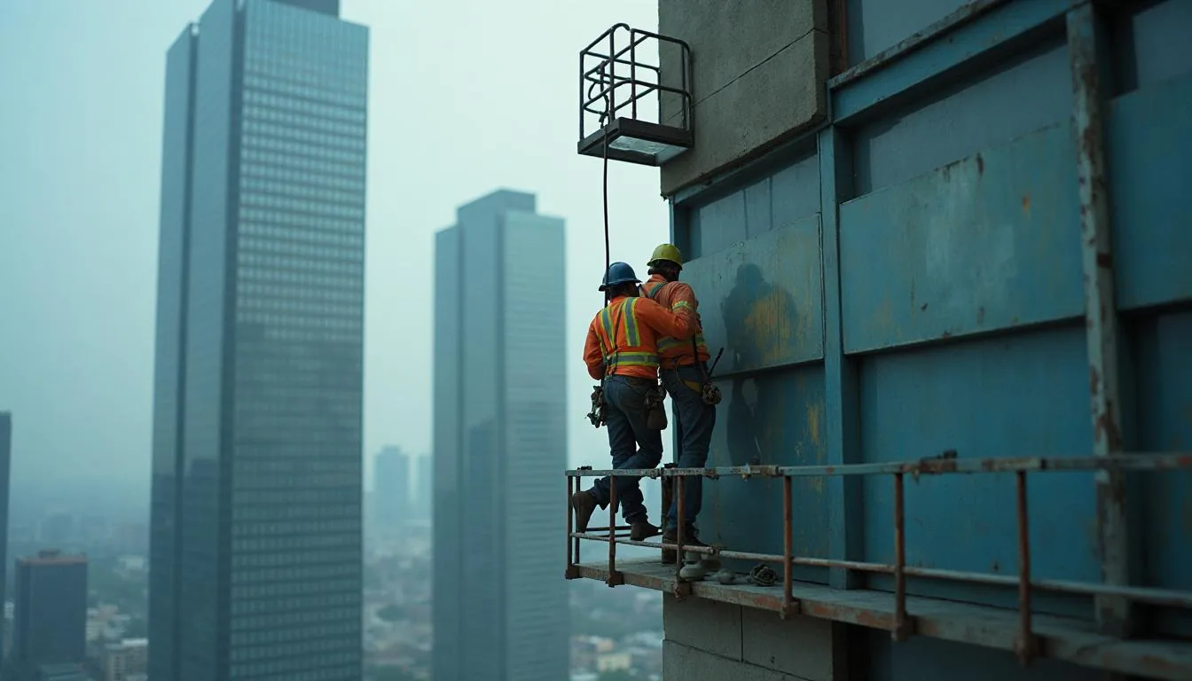 Glaziers setting a unitized curtain wall panel with a crane on a high rise elevation, used to illustrate curtain wall installation