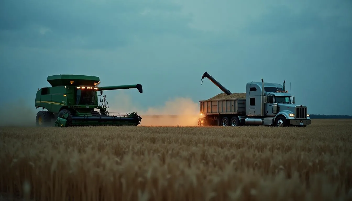 Two combines cutting a wheat field at dusk with a grain cart and a semi waiting at the field edge, used to show the moment acres and loads become numbers somebody has to write down before the crew moves north