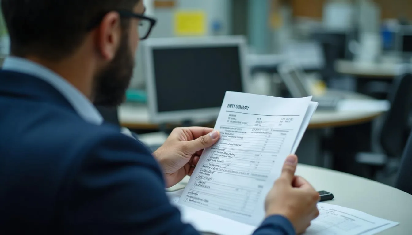 Licensed customs broker reviewing commercial invoices and classification notes against an entry summary at a brokerage desk