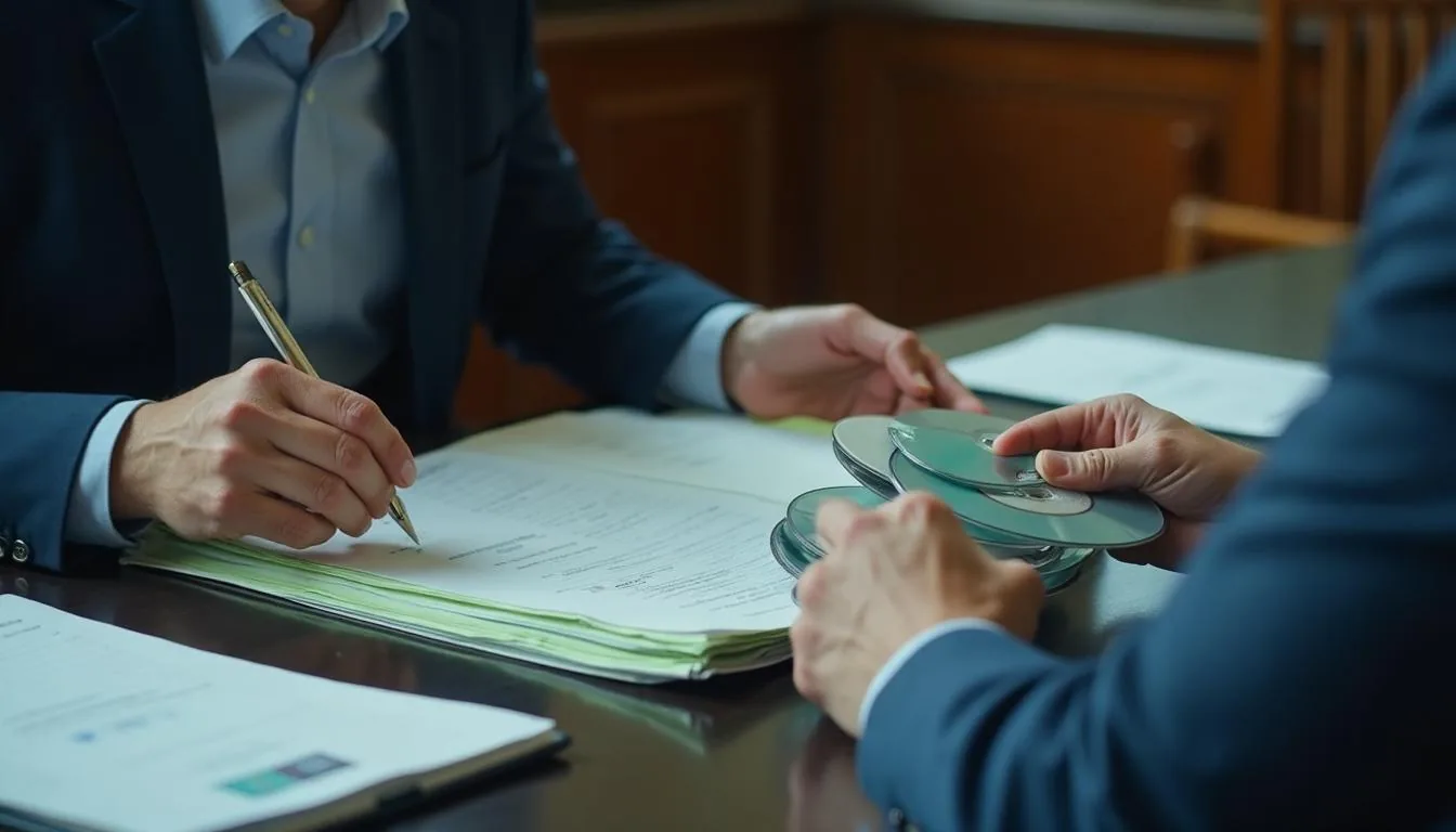 Public defender reviewing a stack of criminal case files and discovery discs at a courthouse desk, used to illustrate indigent defense caseload work