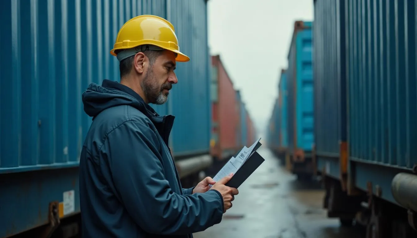 Logistics analyst reviewing container demurrage invoices against terminal gate records, used to illustrate demurrage and detention billing