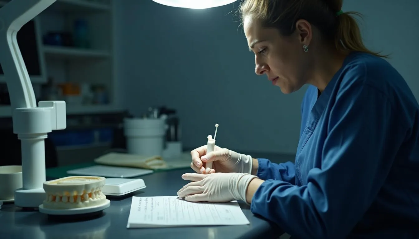 Dental technician at a bench shaping a zirconia crown under a lamp with a case pan and written work order beside the model, used to show where the order and the appliance are supposed to stay together