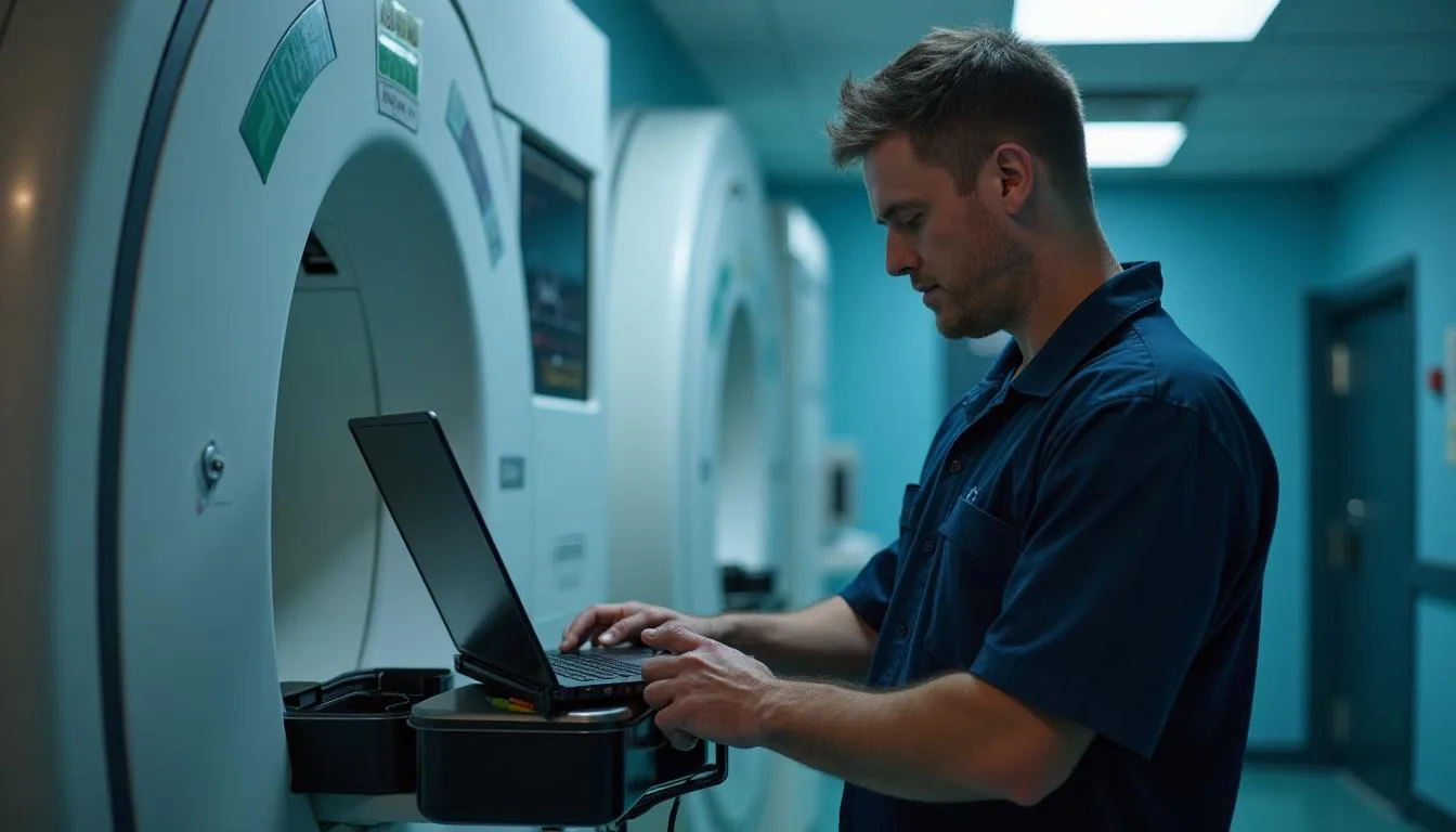 Field service engineer servicing a medical device in a hospital ward with a laptop and calibrated tools