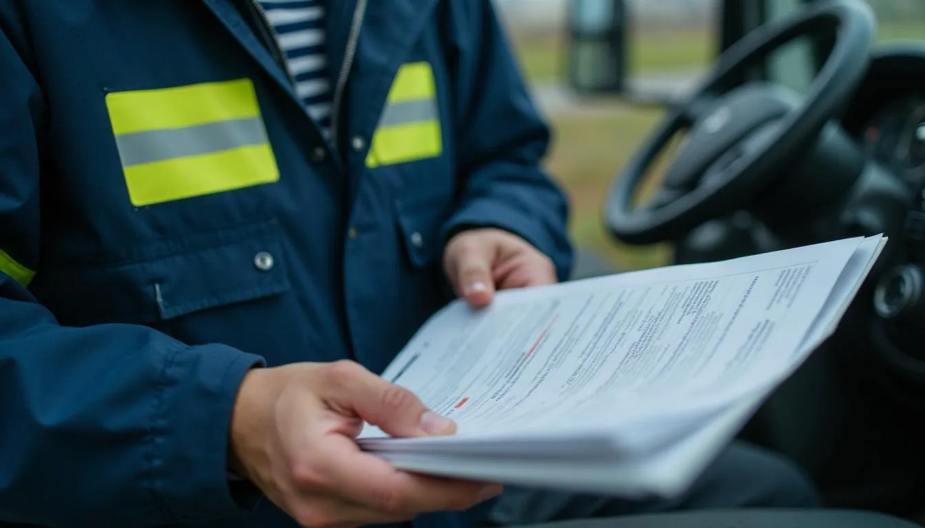 A carrier safety manager reviewing driver qualification files and vehicle maintenance records before a compliance audit