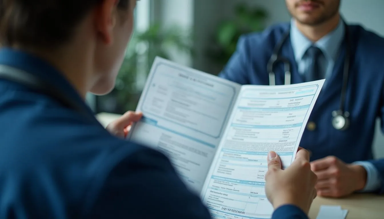 A medical examiner reviewing a commercial driver's qualification paperwork at a clinic desk, with the certificate and exam report side by side