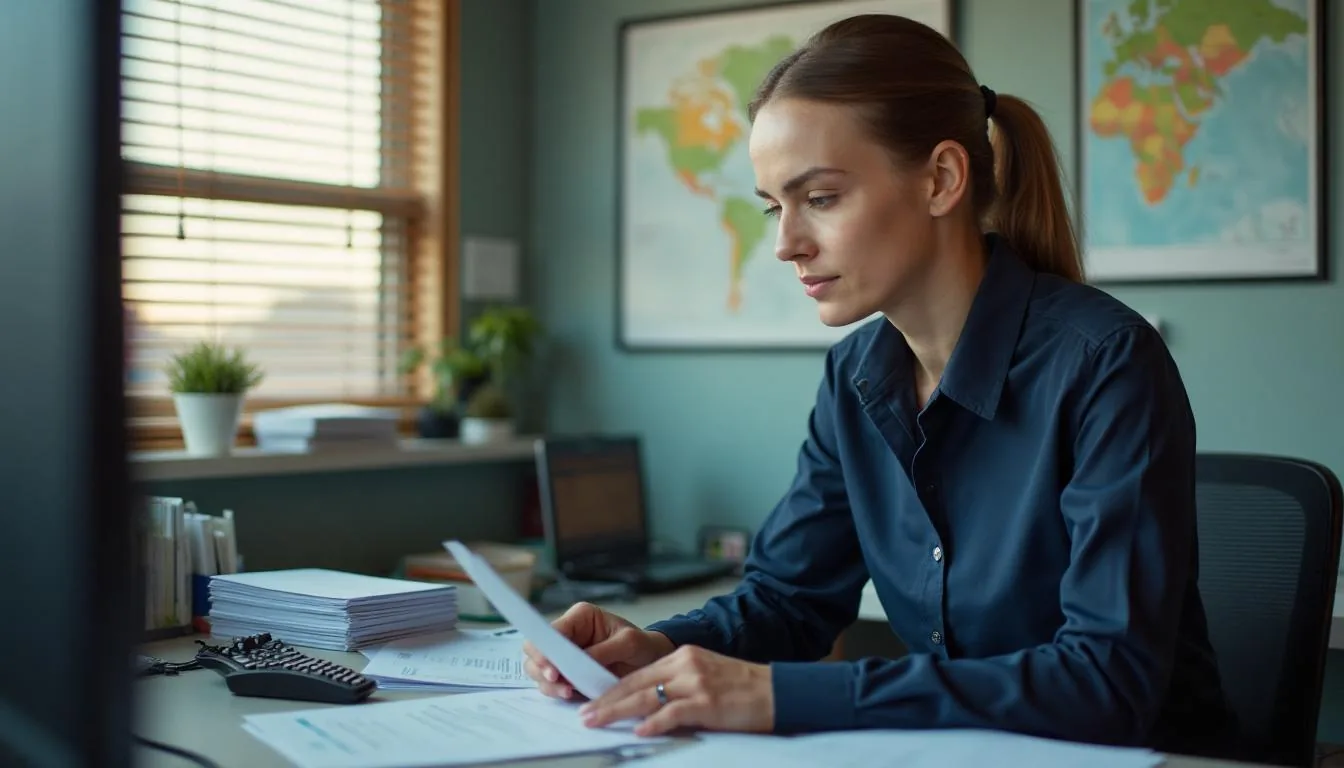 Trucking settlement clerk reviewing driver pay statements with printed load sheets in a dispatch office, used to illustrate settlement processing