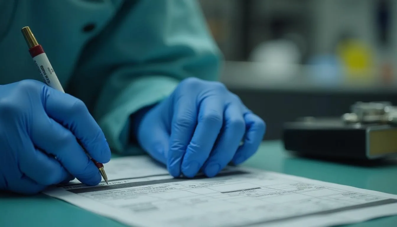 Collector sealing a split specimen and completing a chain of custody form at an occupational health collection site