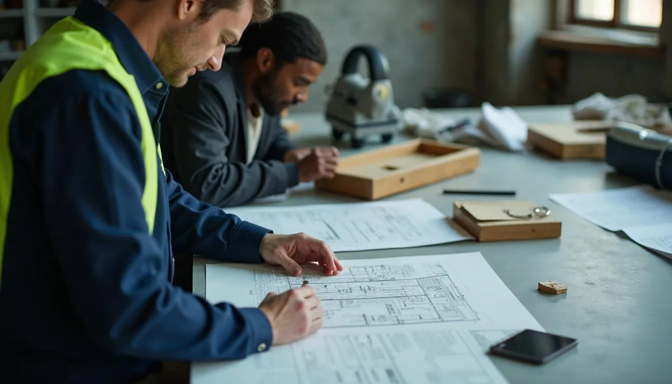 Right of way agent reviewing parcel plans and easement exhibits on a survey table, used to illustrate land acquisition work