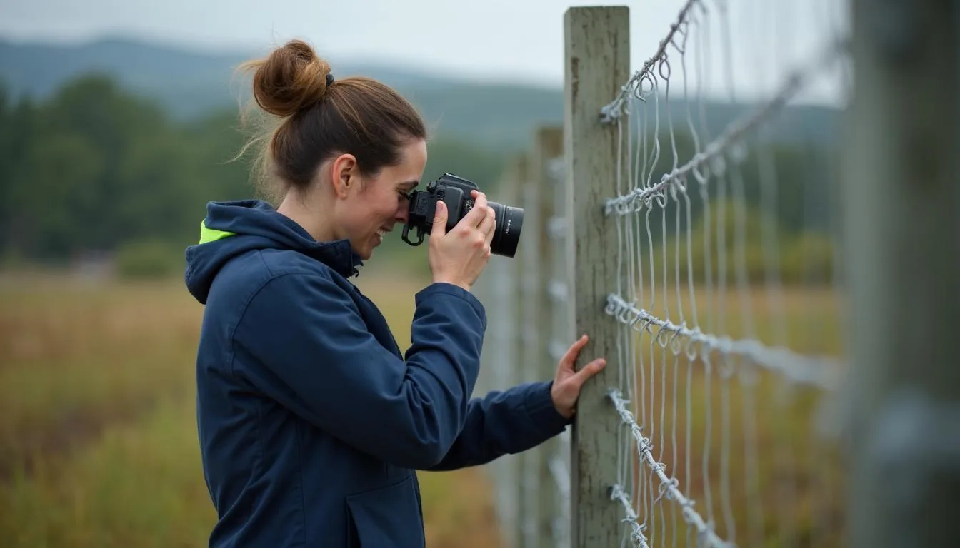 Land trust staff member photographing a fence line during an annual conservation easement monitoring visit