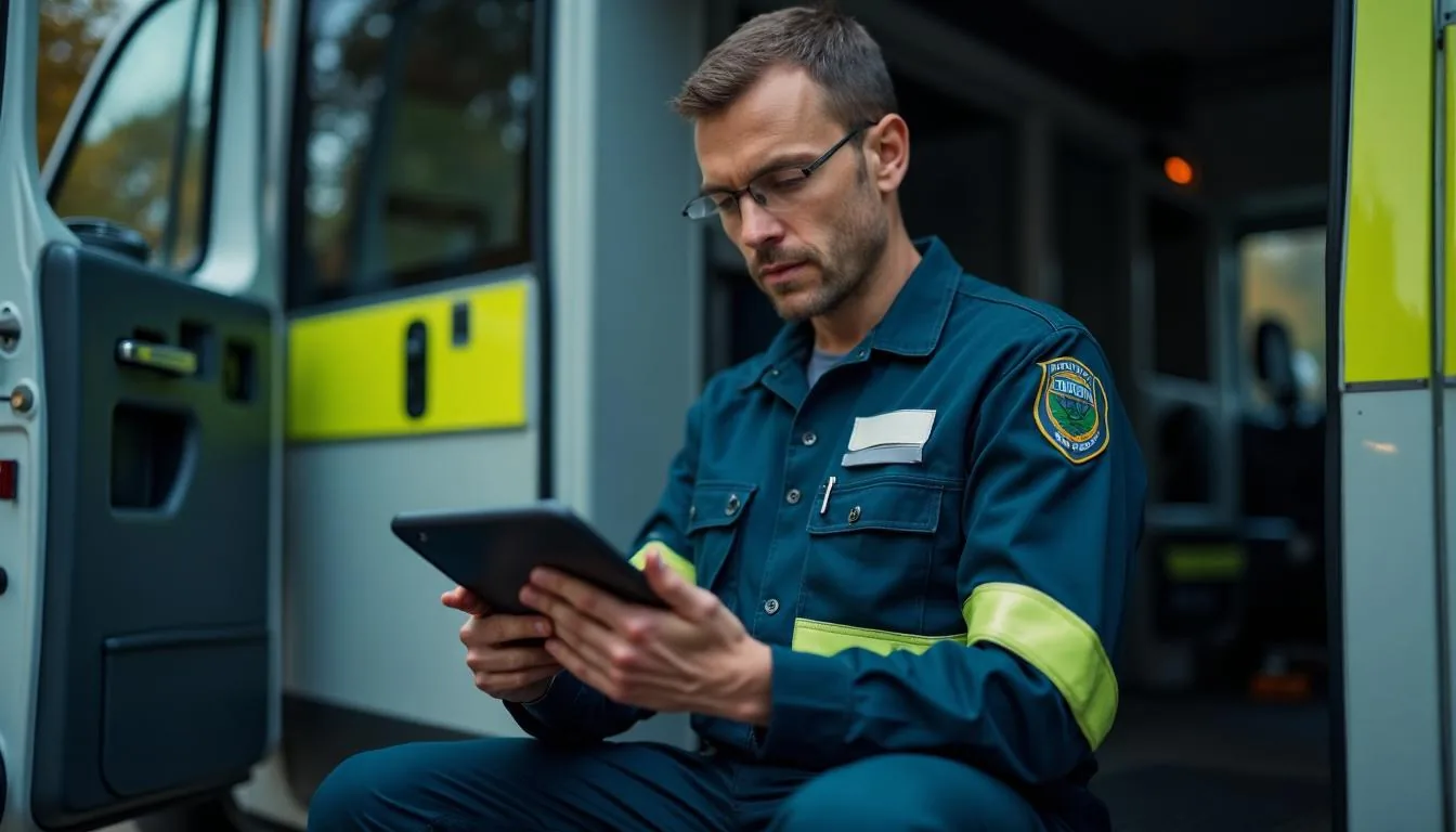 Paramedic completing a run report on a tablet at the back of an ambulance after a transport, used to show the moment the billing record is either made or lost