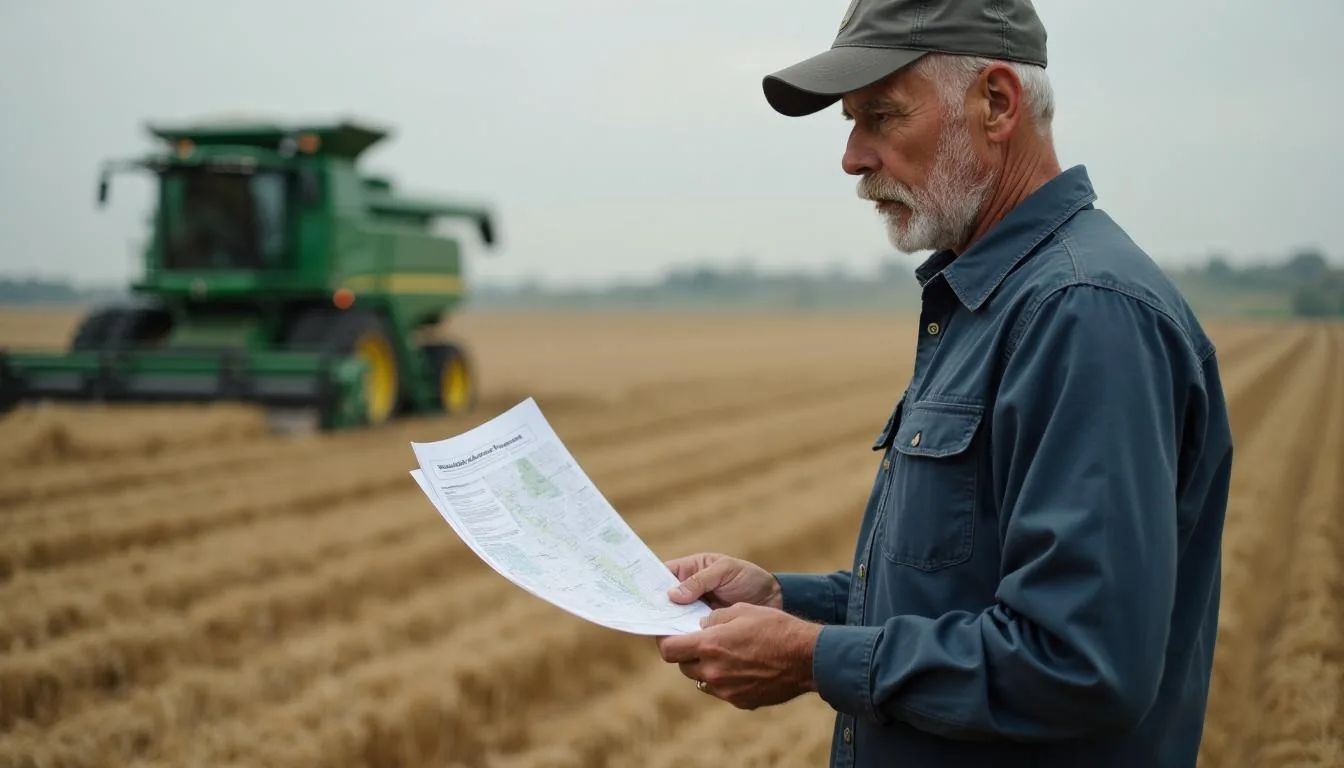 Farm manager standing at the edge of a harvested field with a lease file and a tract map, going through rent terms with the landowner, used to show the conversation that only happens if the notice went out in time