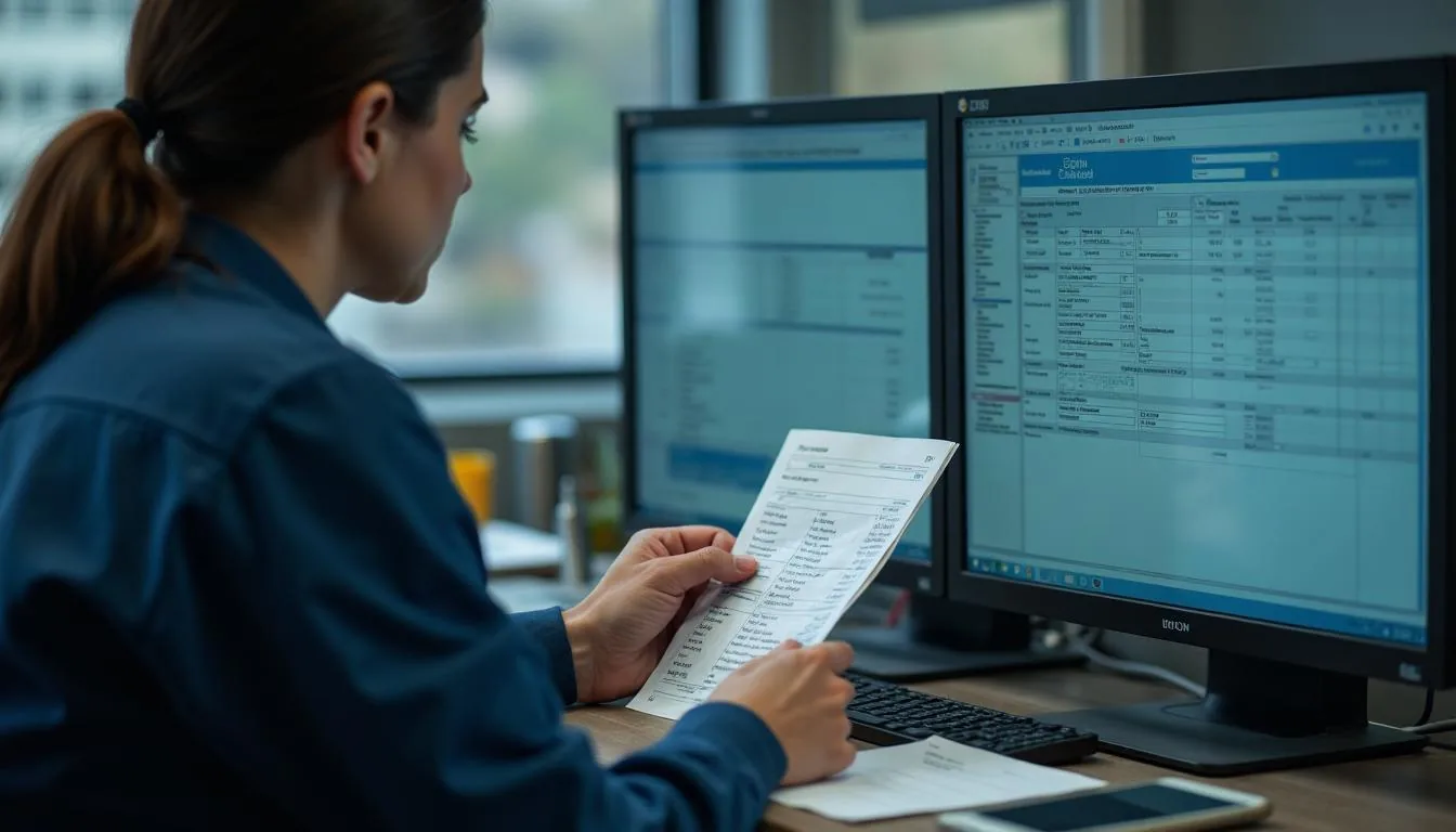 Transportation manager comparing a carrier invoice against a bill of lading on a second screen in a shipping office, used to show the one minute of checking that decides whether an overcharge is ever recoverable