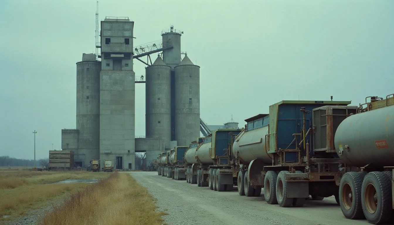 Concrete grain elevator with trucks queued at the scale during harvest, used to illustrate grain elevator receiving and logistics