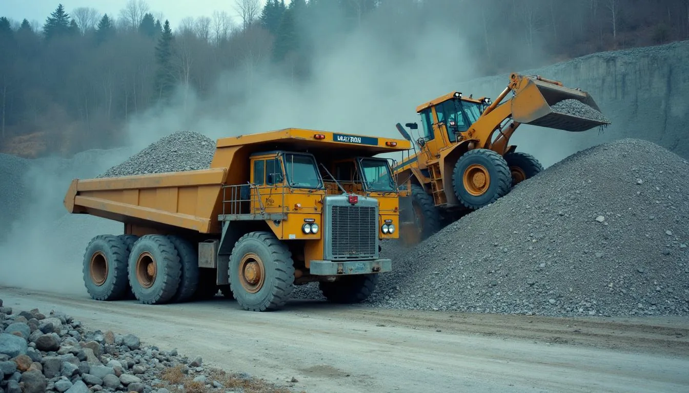 Tandem dump truck being loaded with crushed stone by a wheel loader at a quarry pit, used to illustrate aggregate gravel hauling