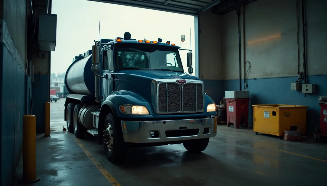 Vacuum truck operator servicing a restaurant grease interceptor at a loading dock, used to illustrate grease trap pumping work