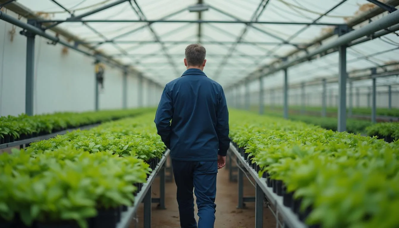 Head grower walking a greenhouse range of bedding plants on benches while checking a production schedule, used to illustrate greenhouse nursery production planning
