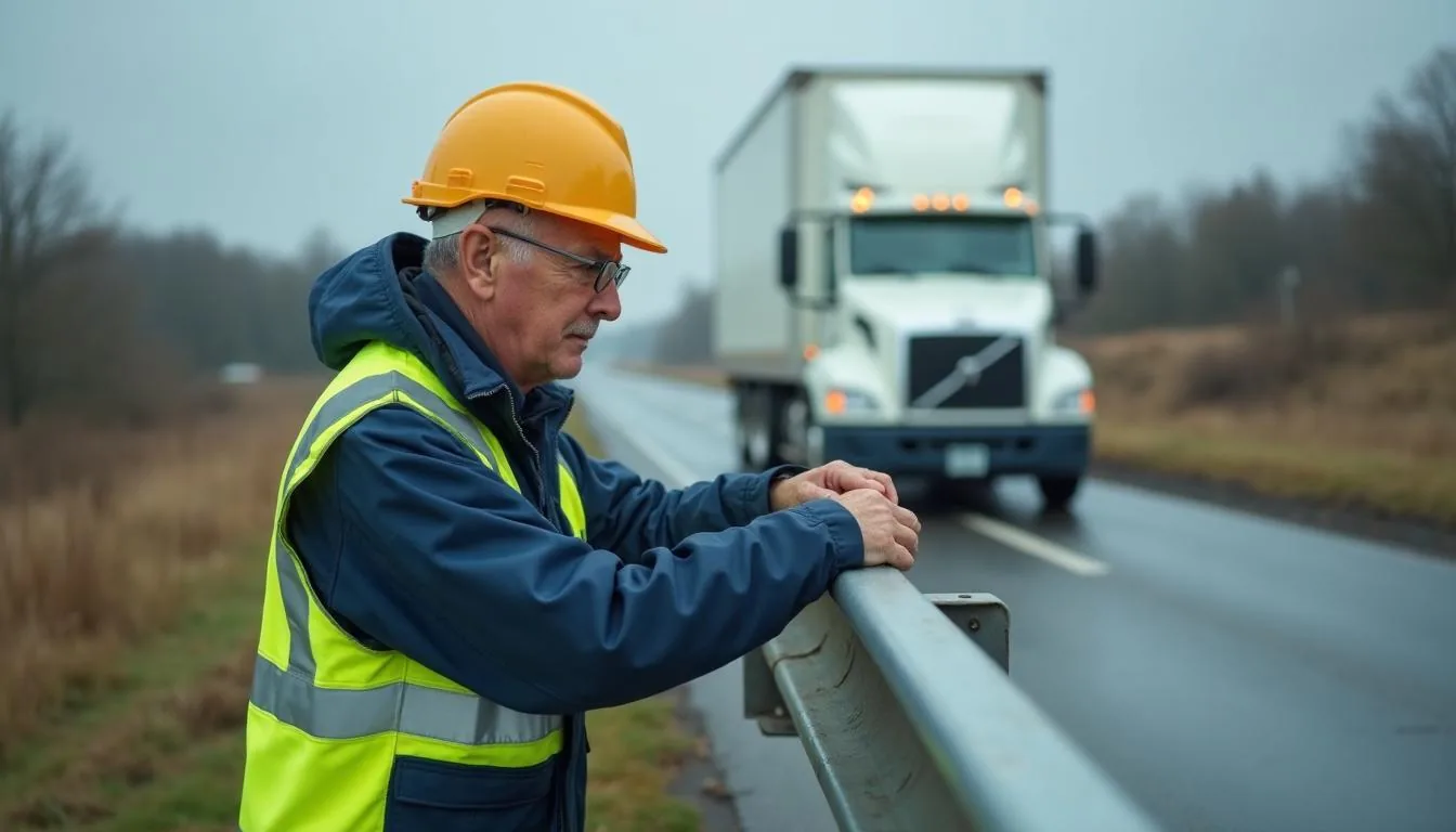 Highway guardrail installation foreman inspecting a newly installed W beam barrier on a rural road shoulder, used to illustrate barrier as built documentation