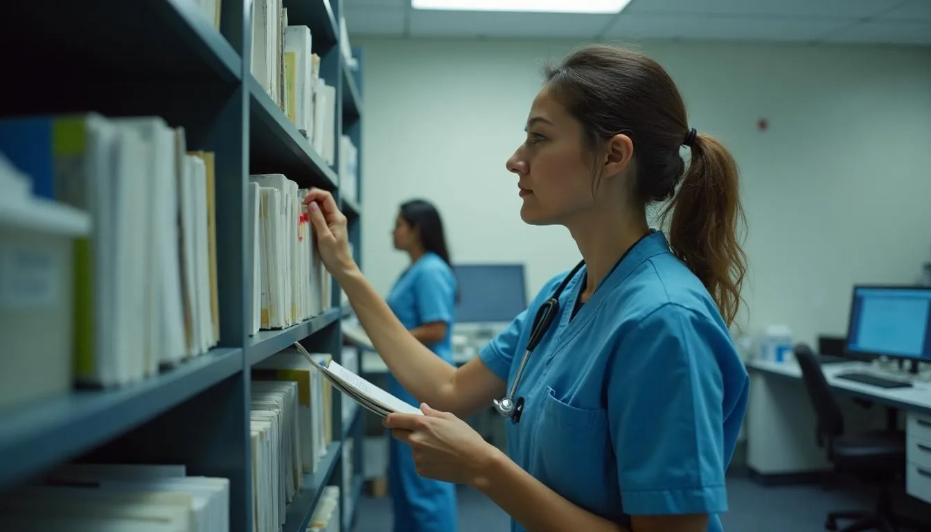 Medical records clerk pulling paper charts from a shelf in a busy practice office, used to show where a health plan's quality measure actually gets closed and why a second request is so expensive