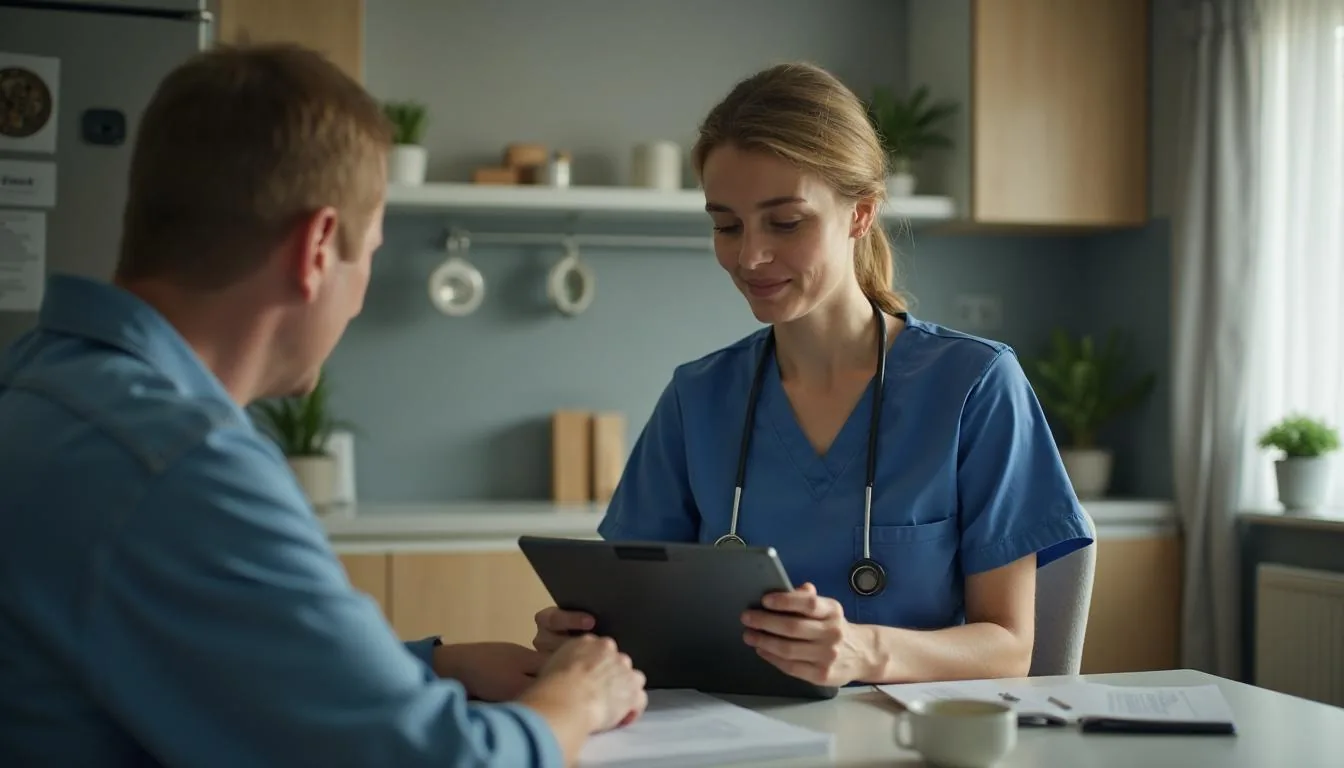Home health nurse completing an assessment on a tablet at a patient's kitchen table, used to illustrate the moment the 30 day OASIS transmission clock actually starts