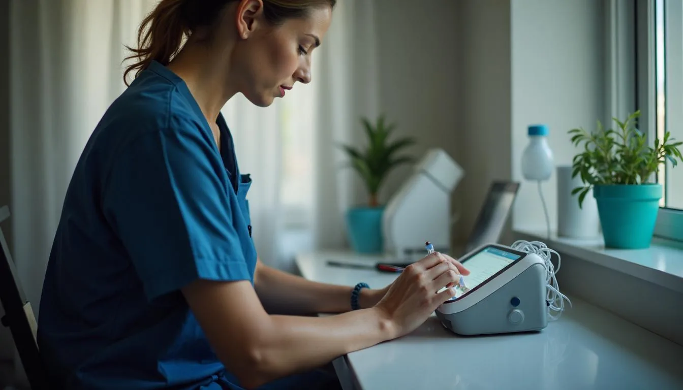 Home infusion nurse programming an ambulatory infusion pump for a patient at home, used to illustrate home infusion therapy services